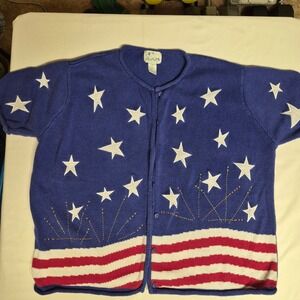 The Quacker Factory Patriotic Stars Stripes‎ Button Front Cardigan Sweater 2X